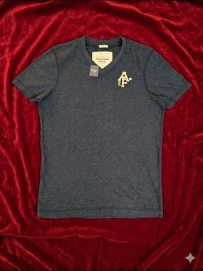 Vintage Abercrombie & Fitch Men's Navy Heather Logo V Neck T-Shirt Muscle Fit